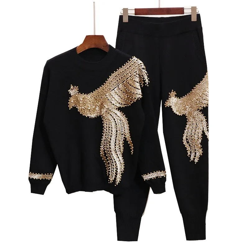 

SuperAen New Sequins Pin Beads Patchwork Loose O Neck T-shirt Casual Pants Suit Two Piece Set Women