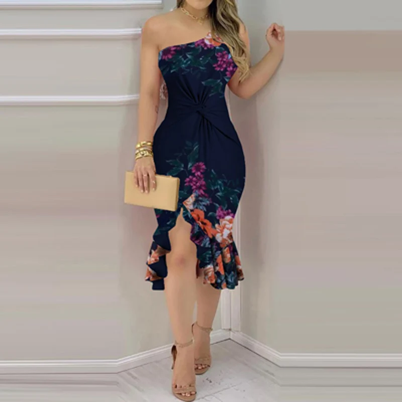 

Elegant One Shoulder Ruffle Irregular Dress Women Floral Print Sleeveless Club Party Dress Sexy Backless Twist Slim Office Dress
