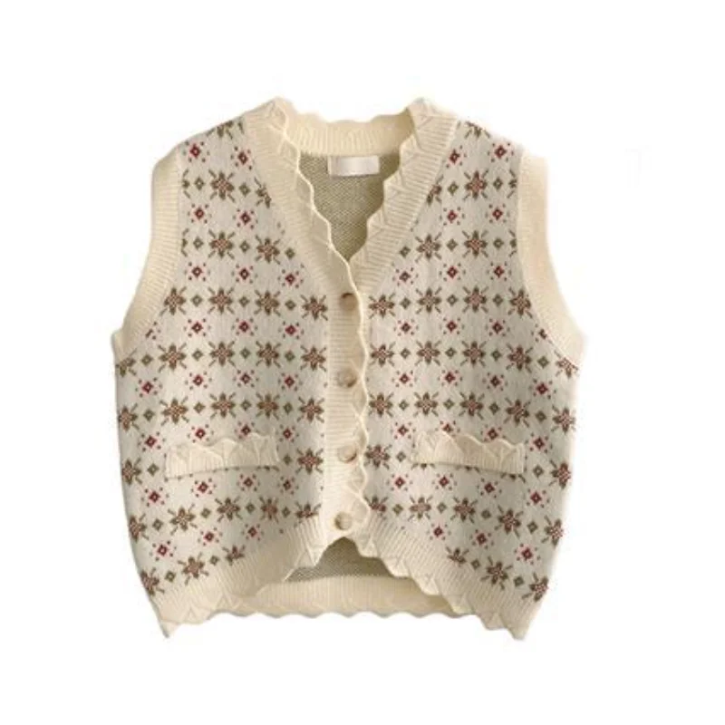 

BEAUTANA Knitted Vest for Women 2021 Autumn Floral Single Breasted Cardigan Sweater Slim Fashion Knitting Yarn Ribbed Tank Top
