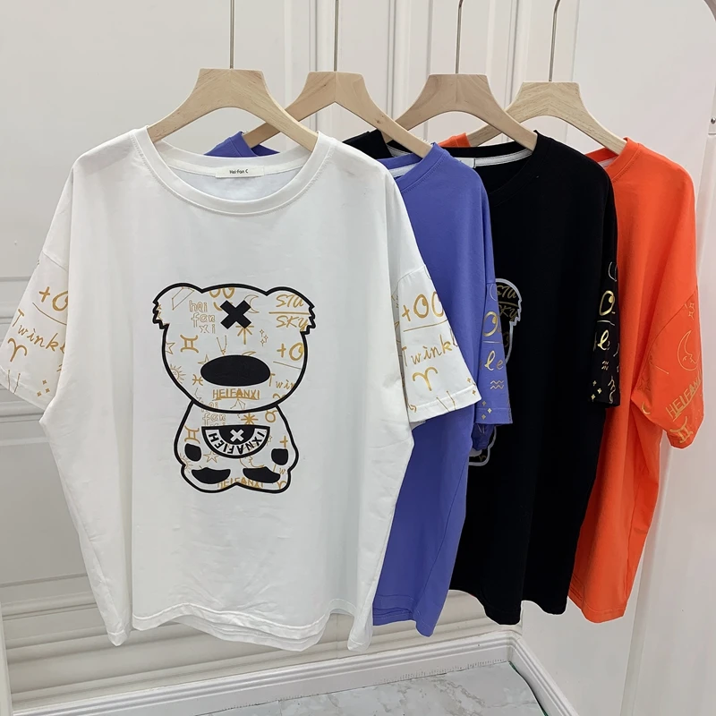 

Summer Women's Short-Sleeved T-shirt Loose Plus Size Personality Cotton Tee Fashion Letters Printed Bear Top Tee Shirts