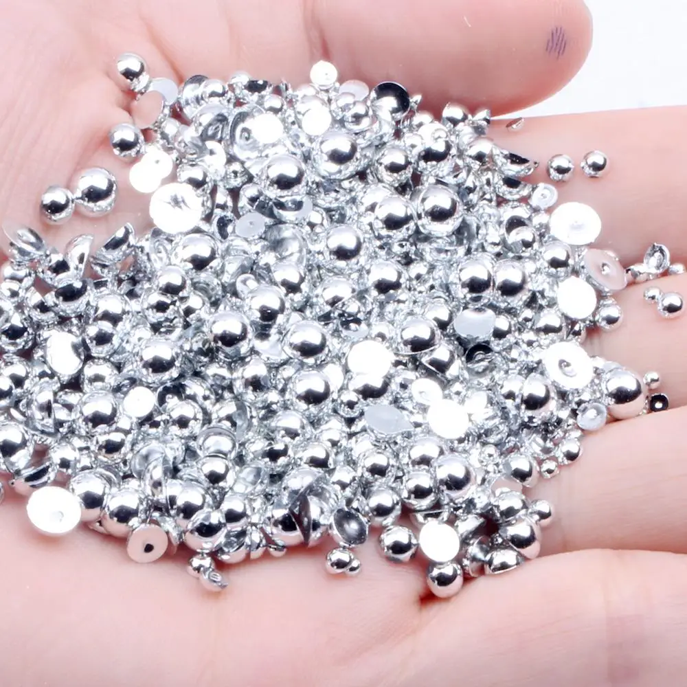 Silver Color Half Round Resin Pearls 2-12mm And Mixed Sizes Flatback Glue On Craft Beads DIY 3D Nails Art Decorations