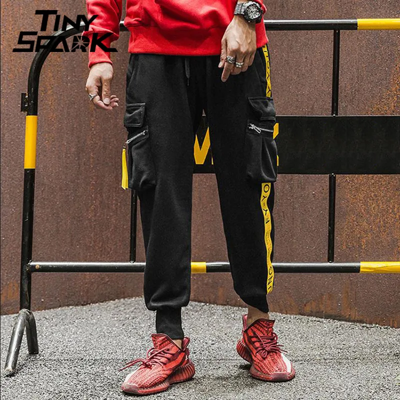 Мужские спортивные штаны в стиле хип хоп желтая лента с полосками по бокам