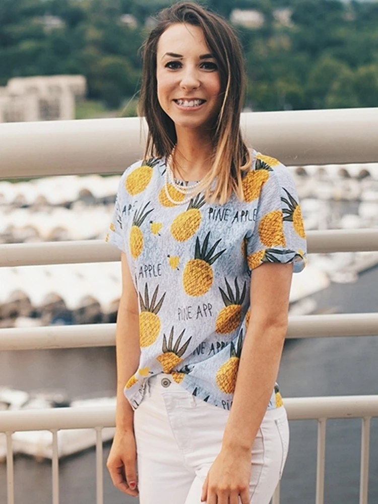 Dotfashion Футболка с принтом ананаса для женщин, топы для отдыха, модная одежда, летняя Женская милая Пляжная футболка с коротким рукавом