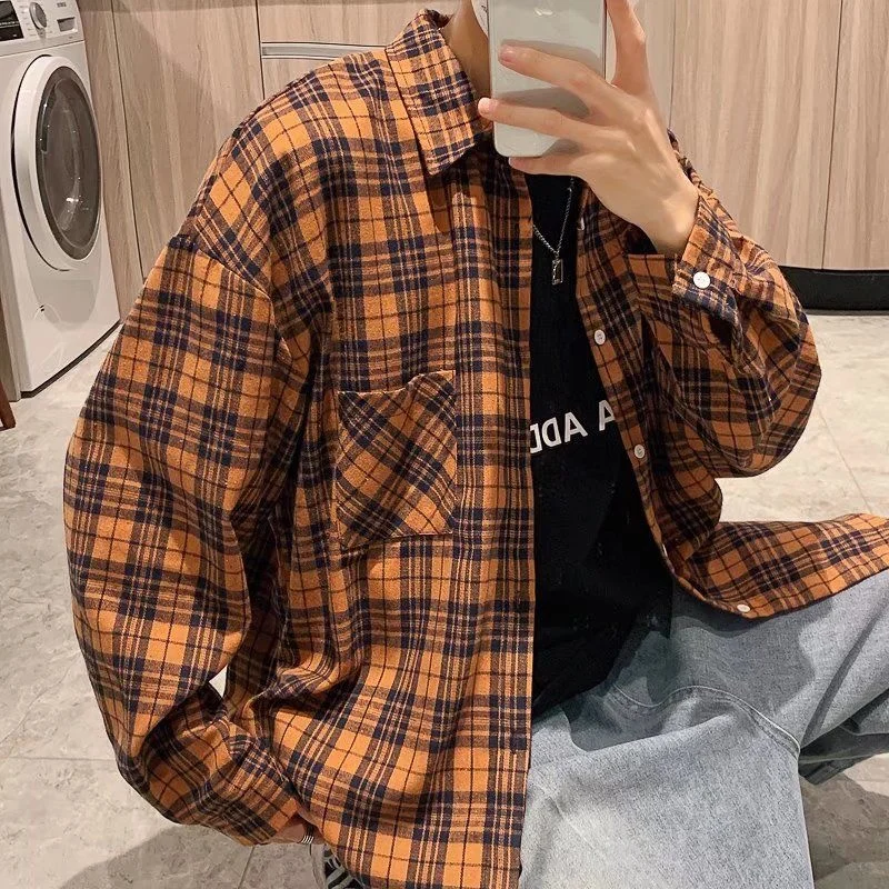 

Мужская рубашка с длинным рукавом, свободная Модная рубашка в клетку, уличная одежда для занятий дыхательным током на осень и зиму, 2021