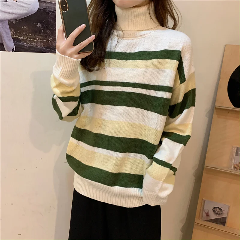 

Turtleneck Striped Sweater Women Pullover Knitted Sweater Autumn Winter Knitted Loose Sweater