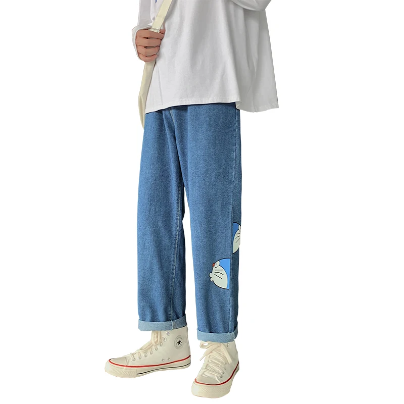 

2021 Hip Hop Micro Flared Pants Anime prted Embroidery Jeans Men Baggy Wide Leg Jeans for Men Women Streetwear trouser Straight