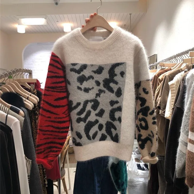 begie sweater Korobov Harajuku женские свитера Новинка Sueter Mujer лоскутный мохеровый женский свитер Леопардовый принт пуловер с круглым вырезом 76408 - Цвет: begie sweater
