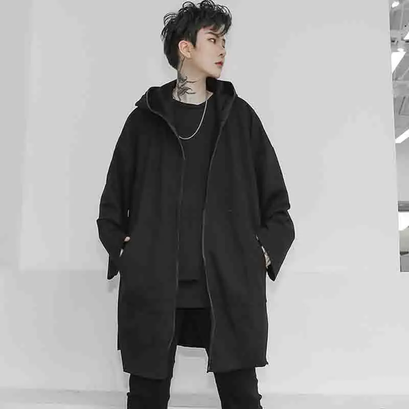 Мужская свободная осенняя одежда длинный свитер с капюшоном и меховым