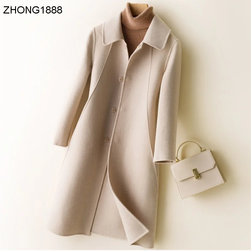 

Антисезонное пальто из 100% шерсти, пальто из чистой шерсти, двухстороннее пальто, женское длинное кашемировое пальто, костюм с воротником, тк...