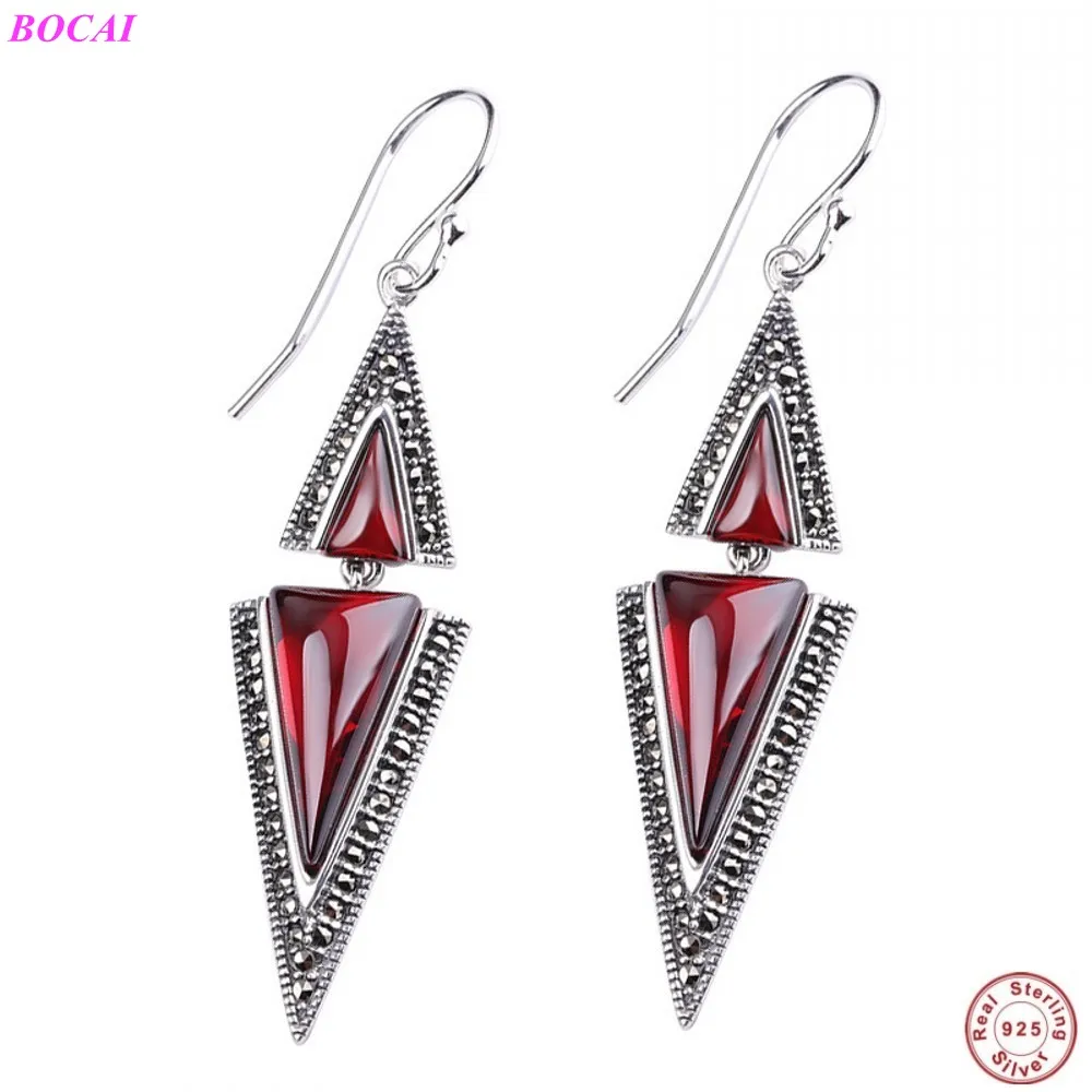 

BOCAI S925 Sterling Silver Ear Drop Red Corundum Cut Green Chalcedony Crystal Triangle Earrings New Lady's Thai Silver Jewelry