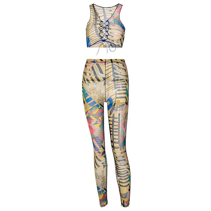 

Summer Letter Leaf Print Women's Suit Bandage Hollow Sexy Short Top Tights Suit Sportswear Two-piece Fitness Suit 2021
