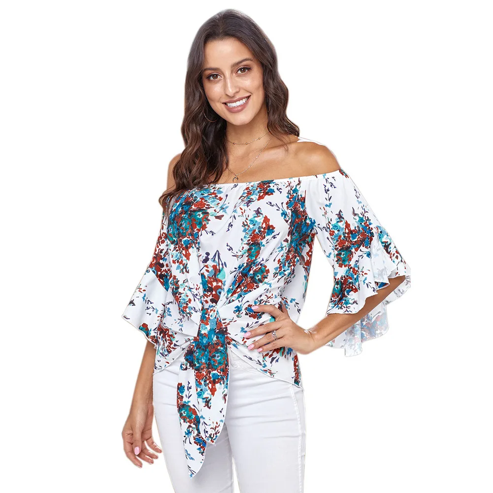 

2020 Women Spring T-Shirts Print Office Lady Three Quarter Slash Neck Women Clothing Petal Sleeve Ladies Casal Loose T-Shirts