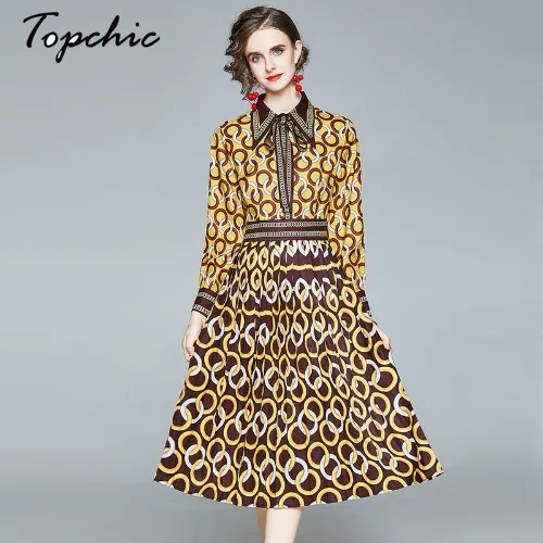 

New Fall Dresses For Women 2021 European Runway Designers Vintage Bow Long Sleeve Printed Midi Dress Women