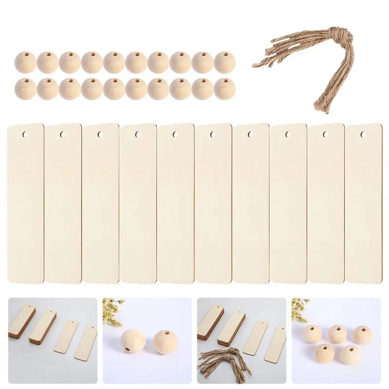 1 Set 97Pcs Wooden Blank Bookmakrs Beads Hemp Rope Kit DIY Bookmark (Wood Color)