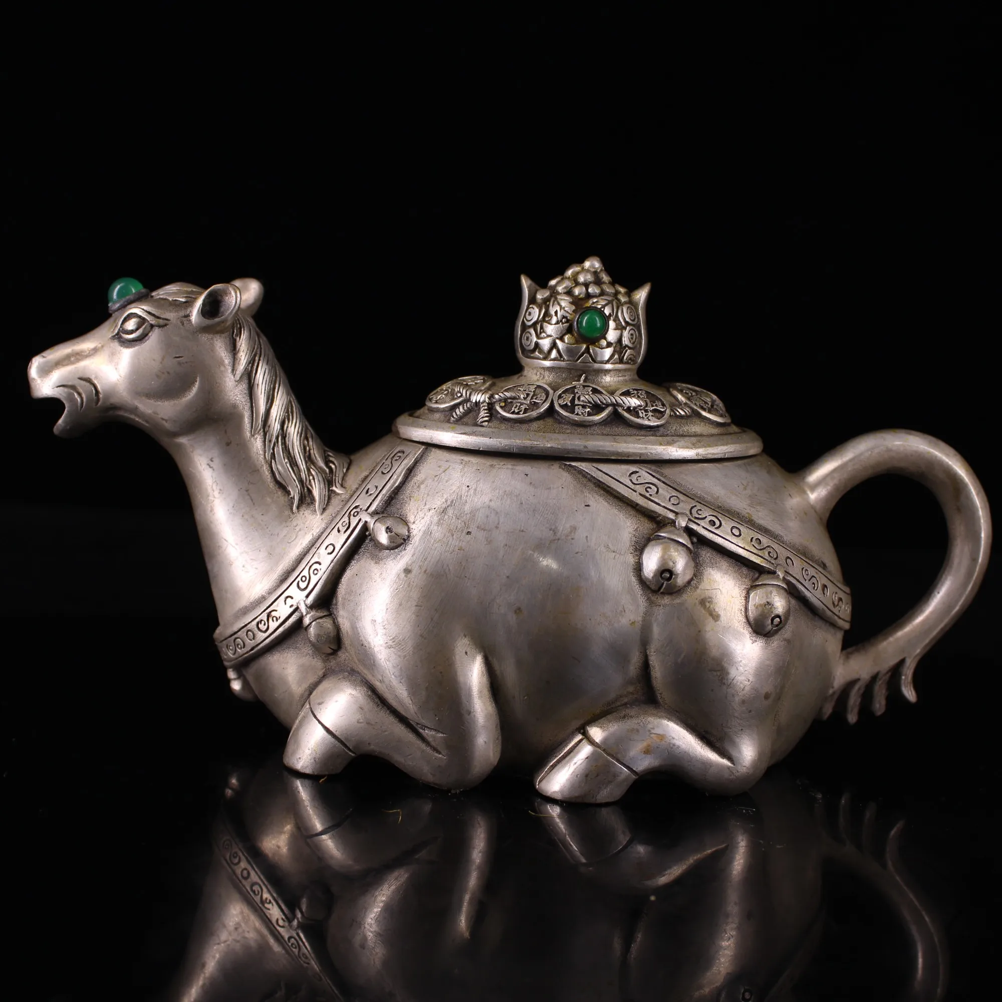 

Китайская народная коллекция 8 дюймов, старая бронзовая Позолоченная серебряная мозаика, драгоценный камень, сборная статуя лошади, чайник,...