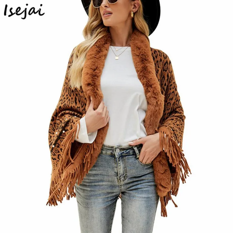 

Женская винтажная шаль с меховым воротником, мягкая теплая накидка-пончо с леопардовым принтом и кисточками, новинка 2021