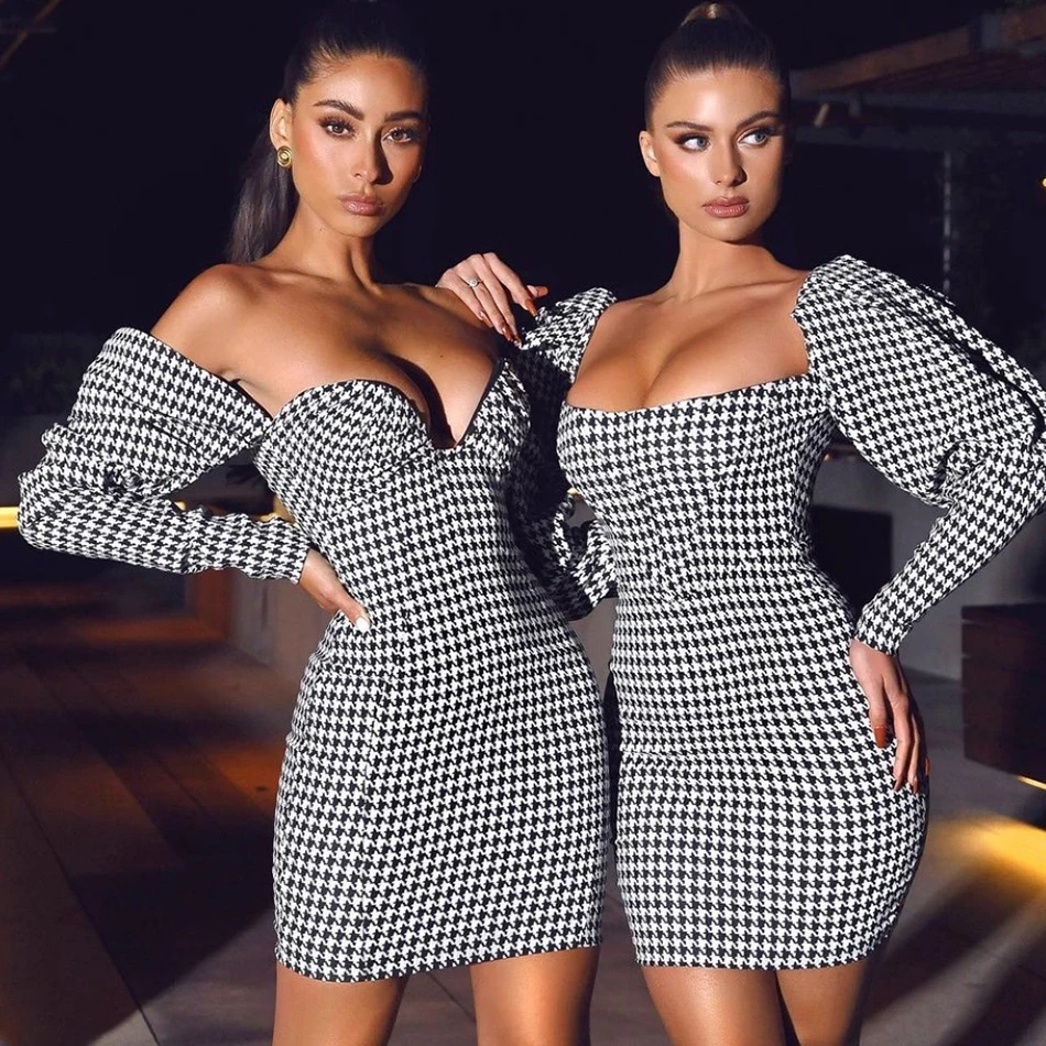 

2021 New Ladies Sexy Strapless Drape Fashionable Houndstooth Pattern Design Celebrity Party Club Mini Bandage Dress