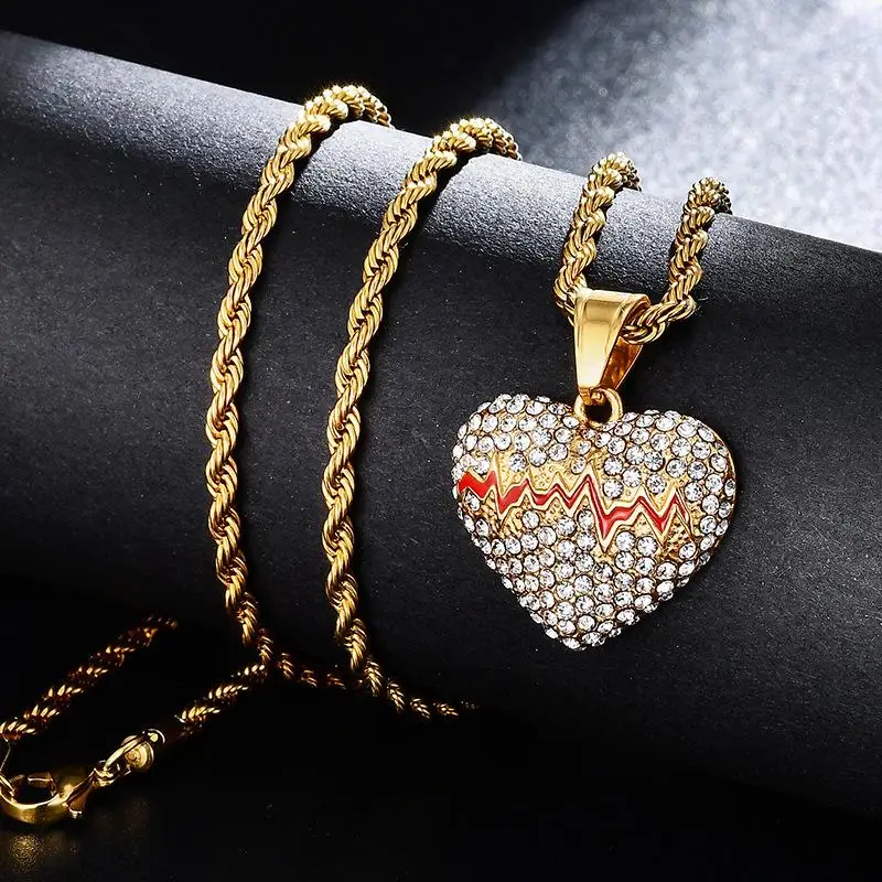 

Gold Color Peach Heart Ice Out Zircon Pendant Necklace for Men Women Hip Hop Rock Party Jewelry Free Shipping