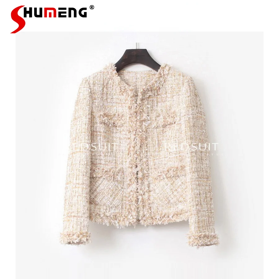 

2021 Fall Temperament Beige Gold Tassel Braided Short Coat Tweed Jacket Female Long Sleeve Crop Jacket Commute Ladies Coats