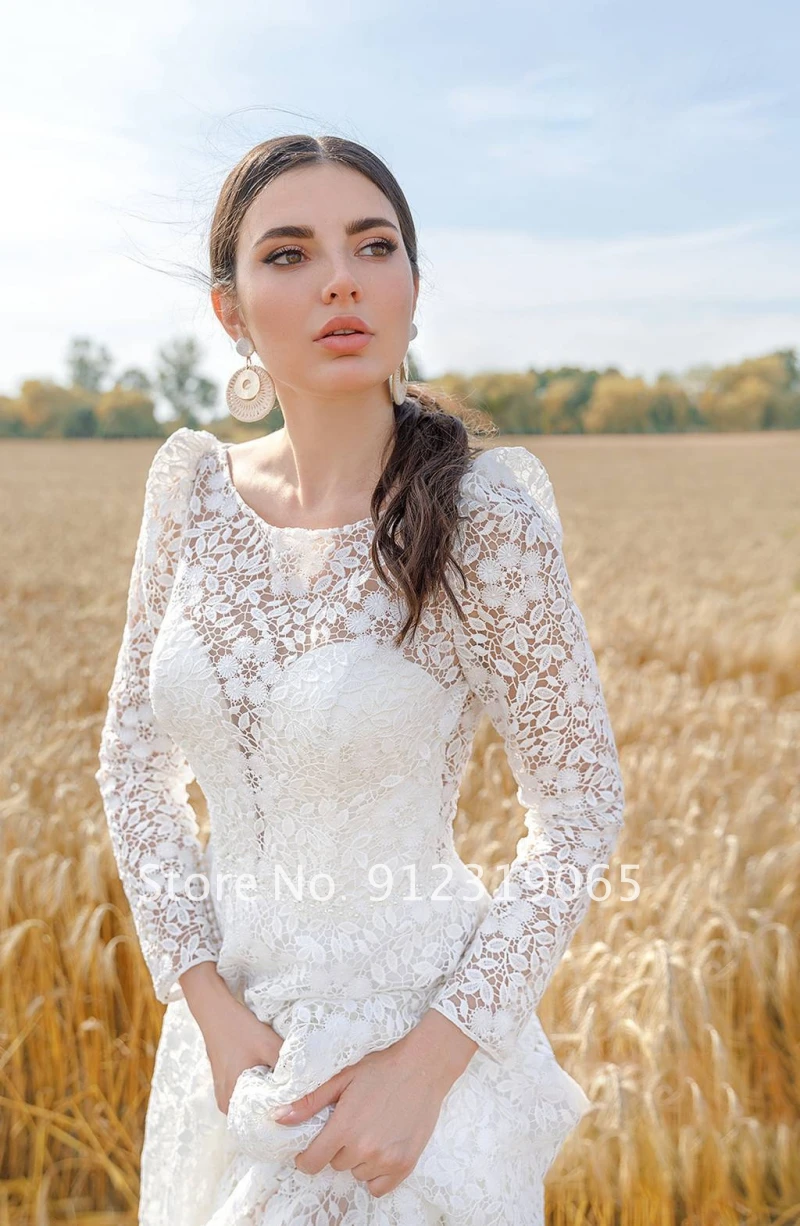 Glamorous Sweep Train Bohemian Lace A-Line Wedding Dress 2022 Vintage Scoop Long Sleeve Princess Bride Gowns | Свадьбы и торжества