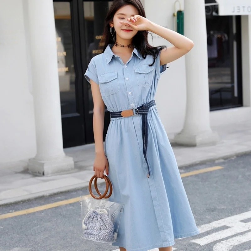 

Summer Office Ladies Elegant Light Blue Suit Dress Pocket Sashes Single Breasted Denim Dress Women Short Sleeve Casual Dresses