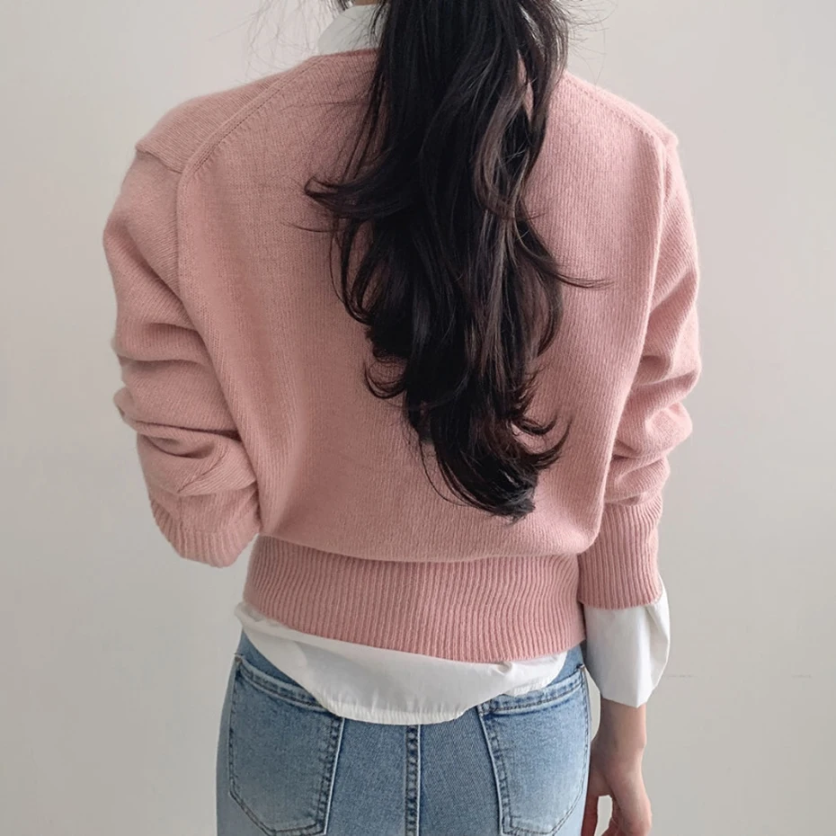 Deep V-Neck Sweater Women Fashion 2020 Long Sleeve Criss-cross Knitted Tops Solid Puff Elegant Knitwear Pullovers | Женская одежда