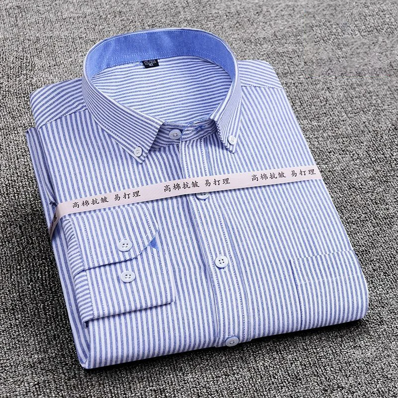 Mens Striped Plaid Oxford Long Sleeve Shirt Spinning Casual Comfortable Breathable Collar Button Design Slim Male Business Dress | Мужская