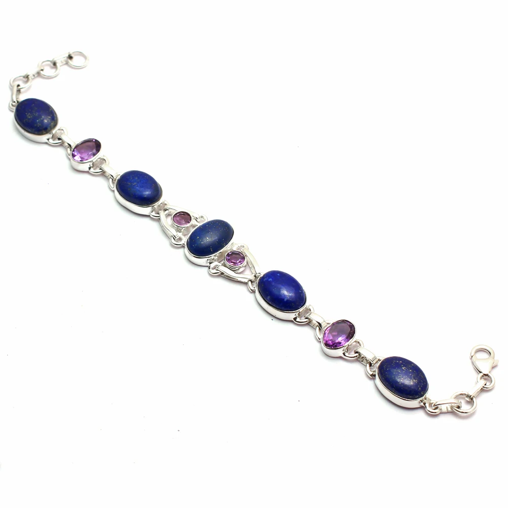 Genuine Lapis Lazuri + Amethyst Bracelet 925 Sterling Silver Women Fine Jewelry Gift 21 cm MHBB0209 | Украшения и аксессуары