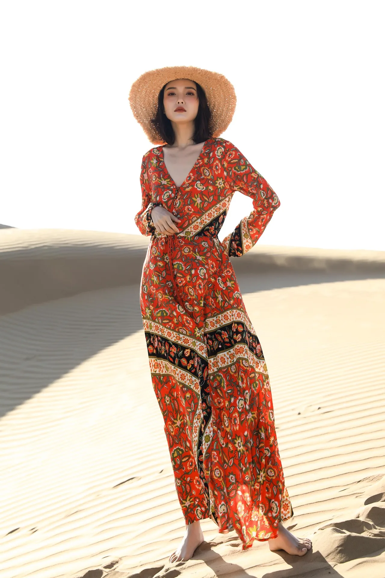 

Holiday photo of 2020 national style women's long dress summer Bohemia dress seaside holiday long sleeve beach floral long dress