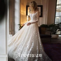 scoop scatted lace long sleeves champagne wedding dress open back tulle applique fashion bridal dress vestidos noiva 2021