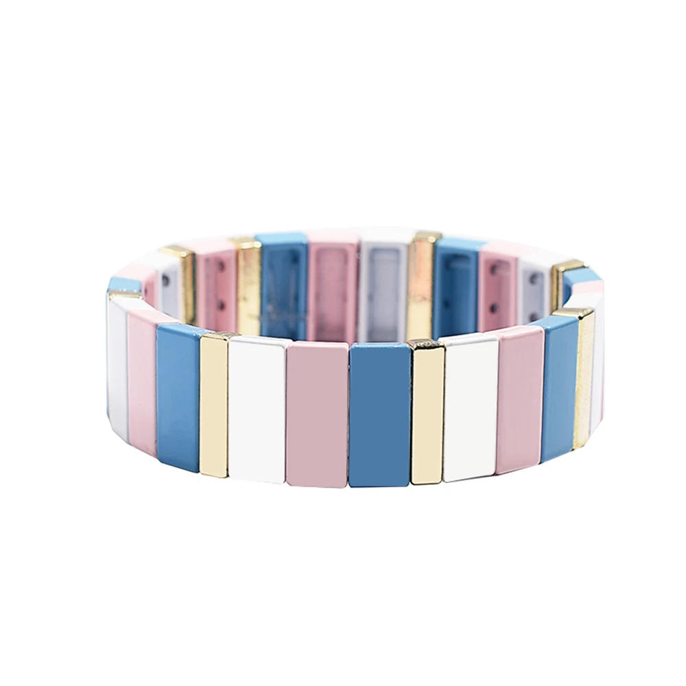 

Square Enamel Tile Bracelet Golden Enameled Beaded Stretch Bracelet Stackable Colorblock Metal Strand Bracelet for Women Men
