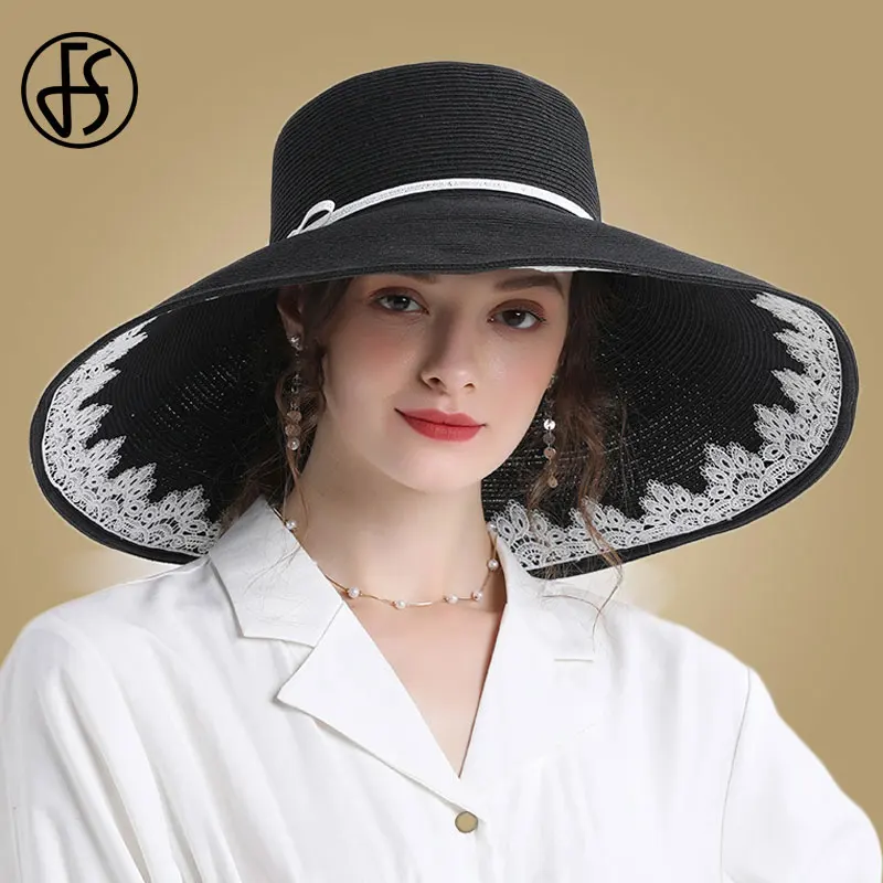 Женская Соломенная шляпка от солнца FS складная пляжная с широкими полями черная