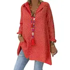Женская Повседневная Блузка с длинным рукавом и отложным воротником, свободная рубашка в горошек с принтом на пуговицах