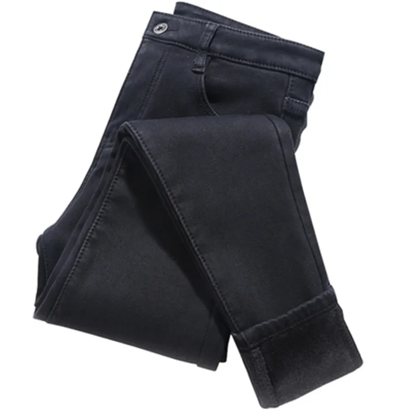 

2020 Black Plus Velvet Thicken Jeans Women Autumn Winter High Waist Denim Pencil Pants Plus Size Slim Warm Casual Trousers KW448