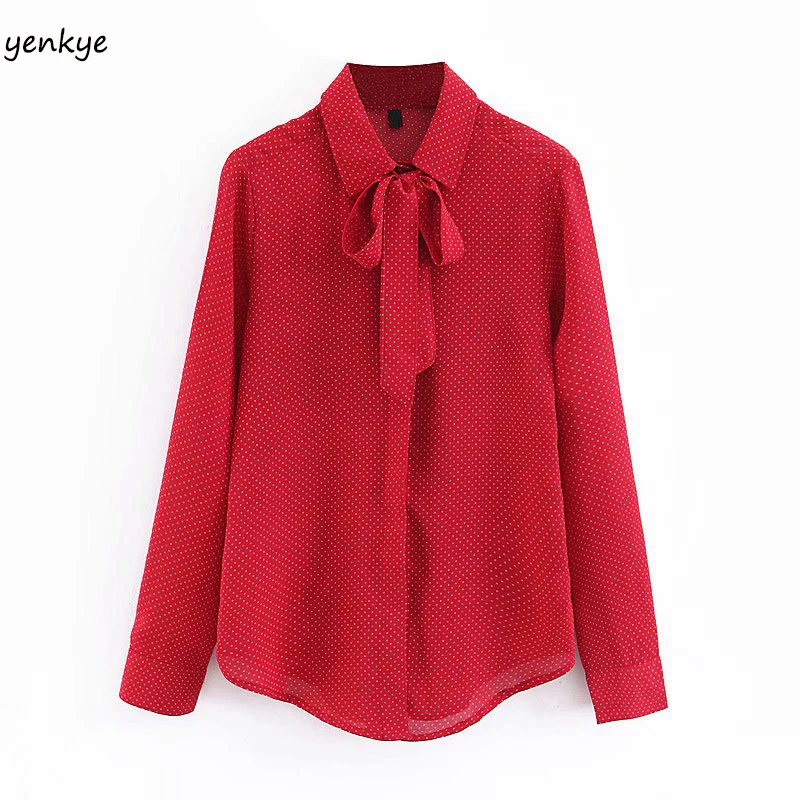 Новая Осенняя женская красная блузка с галстуком бабочкой рубашка длинным