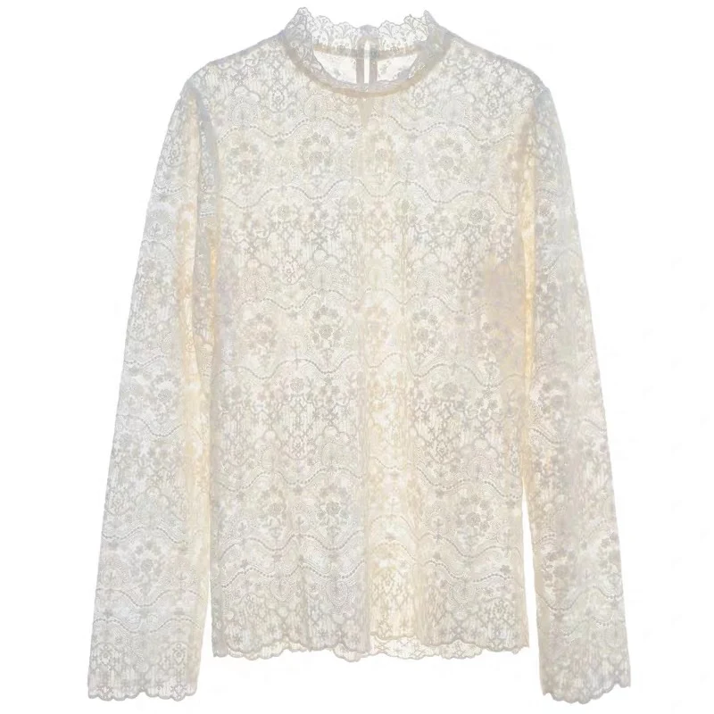 

2021 Lace Bottoming Shirt Women's Western Style Autumn and Winter Korean Sweater with Half-Collar Hollow Princess Style Top