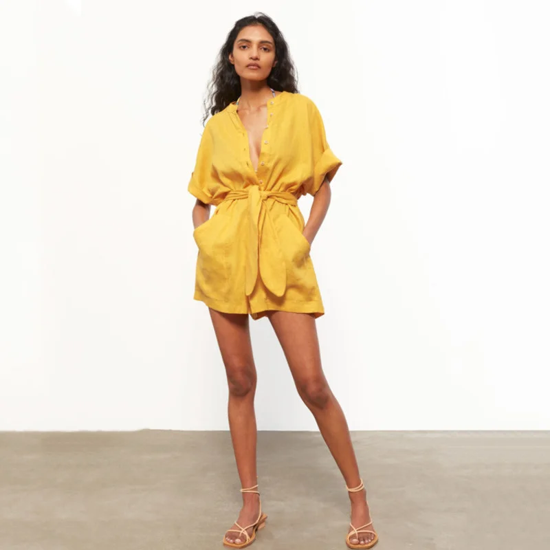 

Casual Summer Hoffman Playsuit Women Short Sleeve Wide Leg Yellow Romper Fashion Loose High Waist Wrap Belt Linen Jumpsuits
