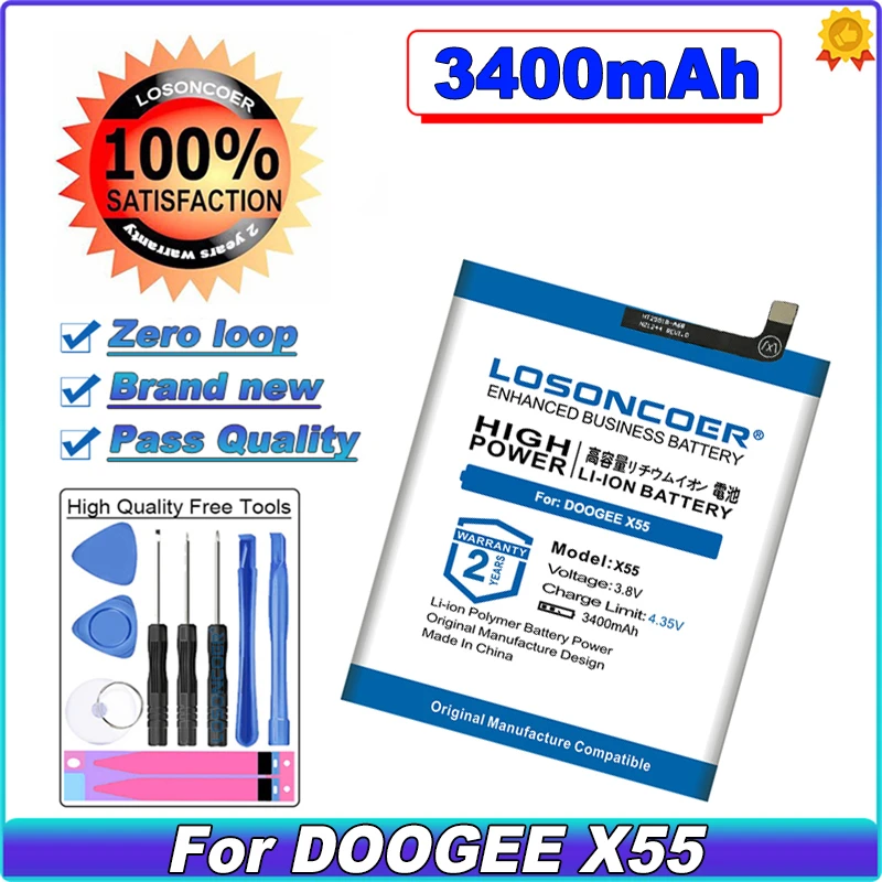 

LOSONCOER 3400mAh X55 Replacement Battery For DOOGEE X55 Battery Smart Phone +Free tools+Sticker in stock