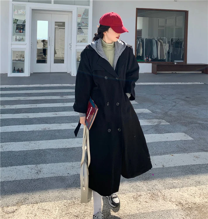 

Real Shot Real Price Niche Contrast Color Hooded Trench Coat for Women
