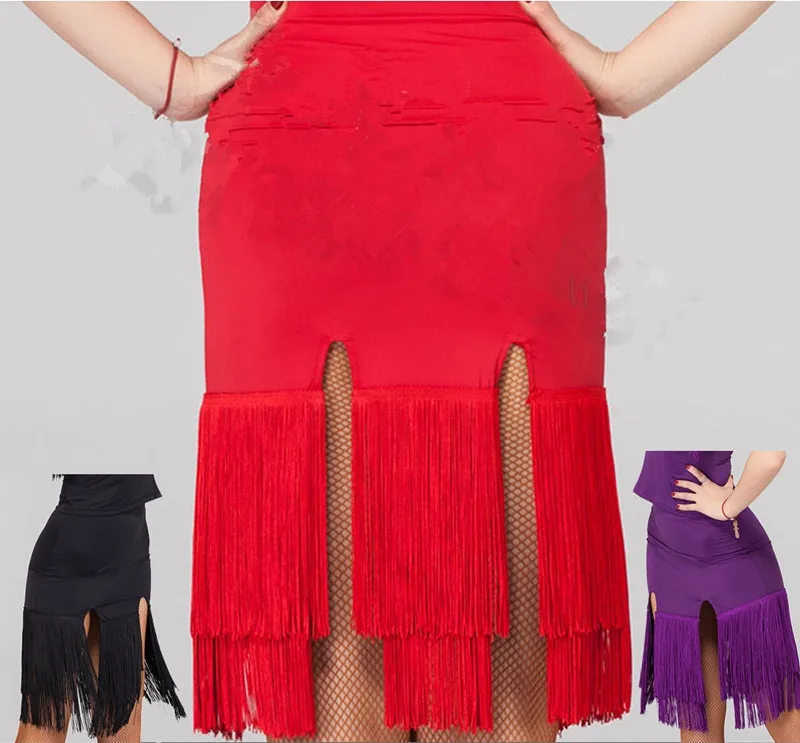 Женская юбка для латиноамериканских танцев черная красная с бахромой
