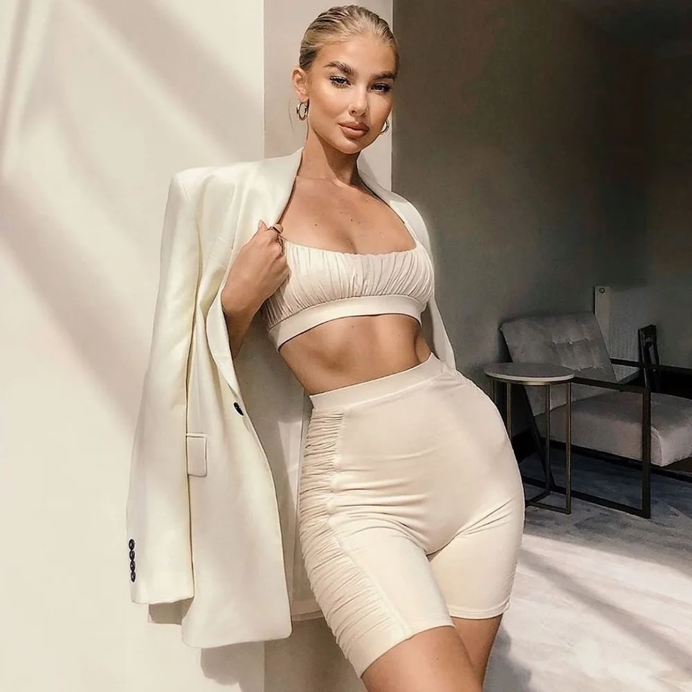 Women's 2020 Summer Sexy Leisure Solid Color Suit Top And Shorts Two Piece Set Woman Home Outfits Tracksuit |
