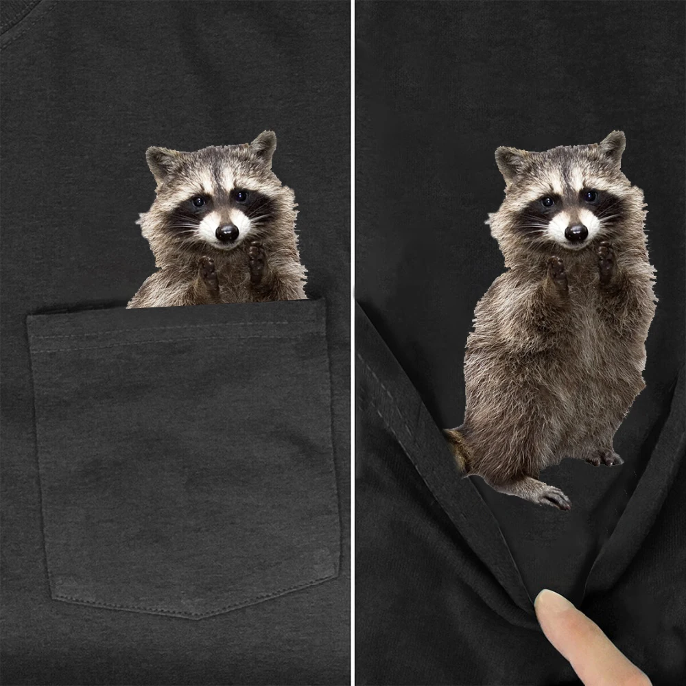 

CLOOCL Funny 100% Cotton T-Shirt Fashion Pocket Raccoon Printed T-shirt Harajuku Short Sleeve Hip Hop Cotton Tees Drop Shipping