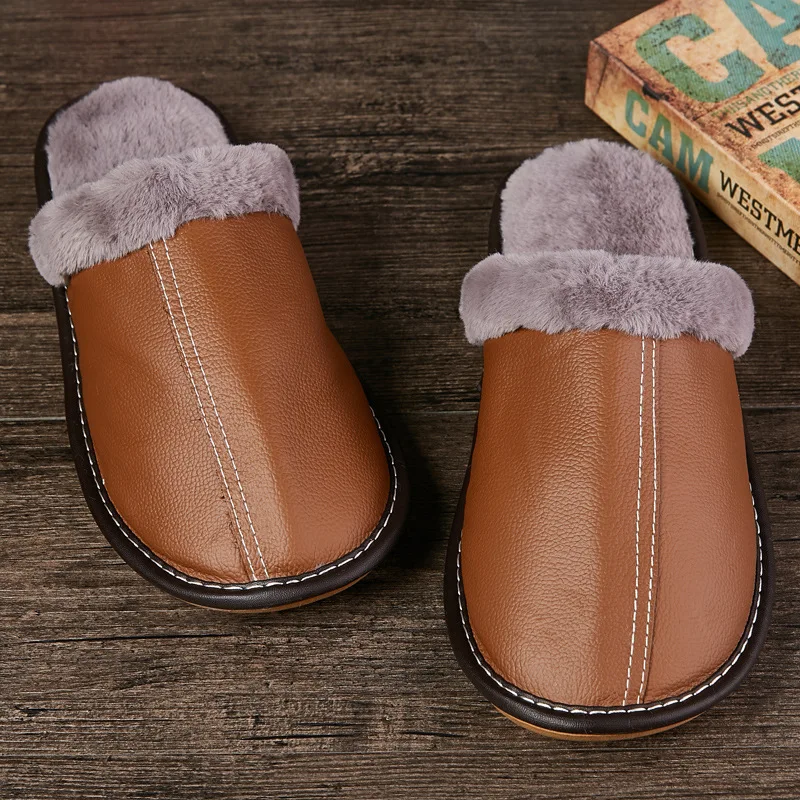 

Mntrerm Men Winter Slippers with Fur Women Big Sizes Leather Slipper Waterproof Warm Home Male Couple Platform Indoor Shoes man