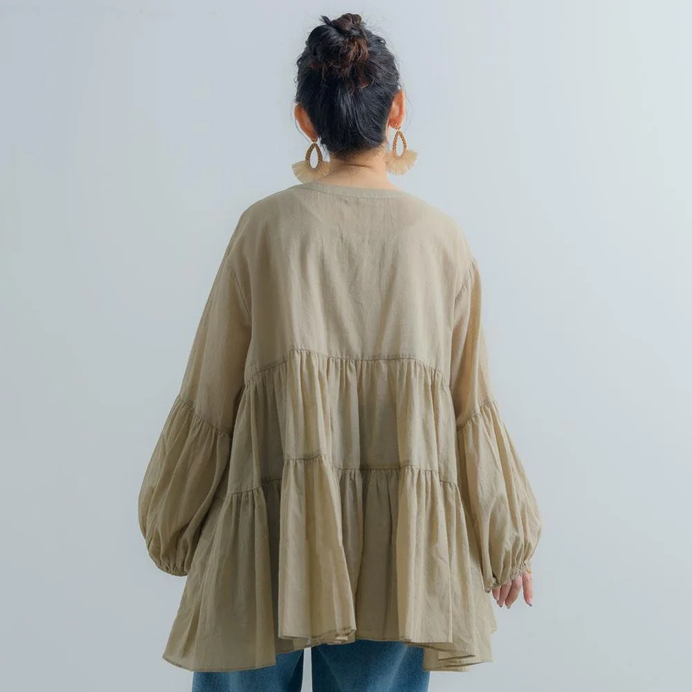 

2021 Womens Puff Long Sleeve O-neck Stylish Layered Solid Blouses Spring Autumn New Ladies Casual Loose High Street Shirts