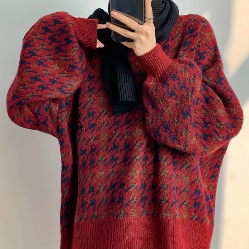 Женский винтажный свитер в клетку с рукавами-фонариками Свободный Вязаный топ