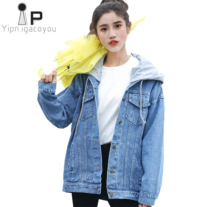 

Spring Denim Jacket For Women 2021 Big Size Korean Style Women Jeans Jacket Ladies Hooded Splice Long Sleeve Casual Ladies Coat