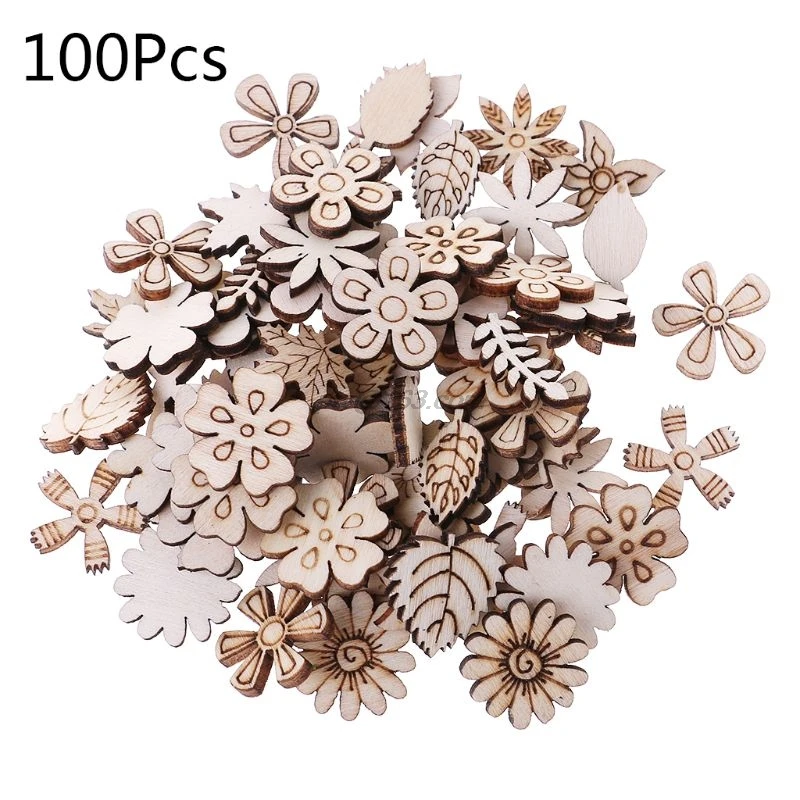 

100pcs Cut Wood Flowers and leaves Embellishment Wooden Shape Craft Wedding Decor