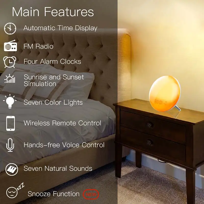 

WiFi Smart Wake Up Light Workday Alarm Clock with 7 Colors Sunrise/Sunset Smart Life Tuya APP Works with Alexa Google Home