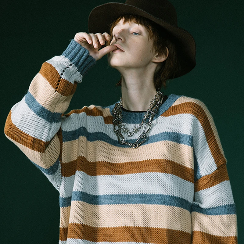 Многоцветный свободный длинный рукав полосатый вязаный женский свитер для зимы |