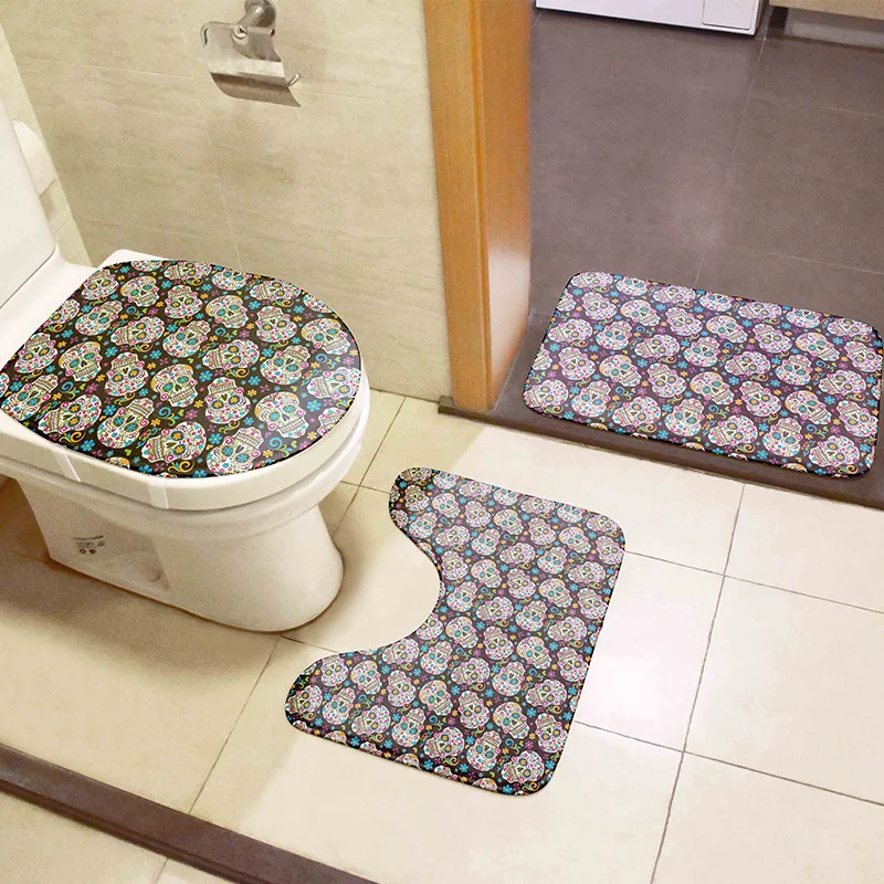 new 3d printed toilet floor mats 3 pcs set fun alien skull toilet cover set bathroom decor non slip absorbent rug flannel carpet free global shipping